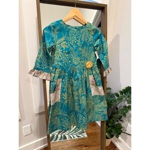Giggle Moon Teal Gold Floral Dress with Ruffle Sleeves Buttons USA Kids Size 8